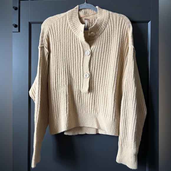 Free People Cream Ribbed Button Sweater - Picture 3 of 9